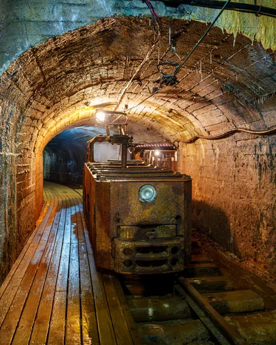 Unterirdischer Stollen mit alter, rostiger Grubenlokomotive auf Schienen, beleuchtet von warmem Licht, das die feuchten Tunnelwände schimmern lässt