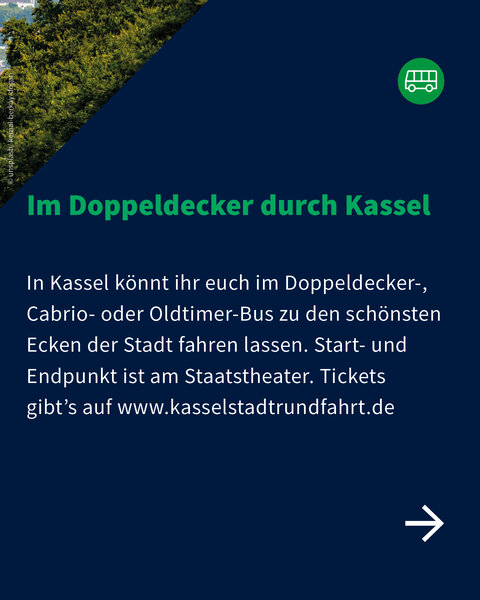Text über Stadtrundfahrten in Kassel mit Doppeldecker-, Cabrio- oder Oldtimerbussen, Start am Staatstheater.