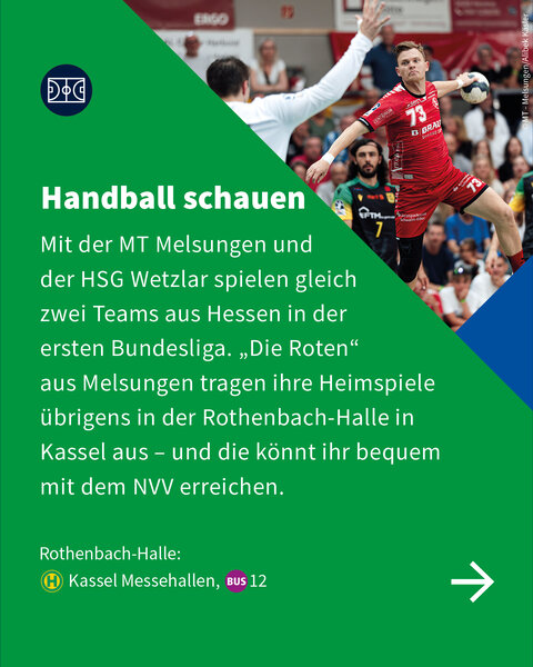 Handballspieler der MT Melsungen im Spiel – Text informiert über Bundesligateams aus Hessen und die Rothenbach-Halle als Austragungsort.