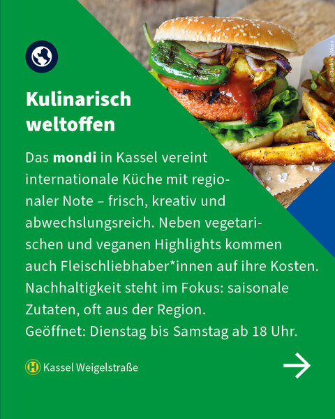 Text über das Restaurant mondi in Kassel mit vegetarischen, veganen und internationalen Speisen mit saisonalem Fokus.