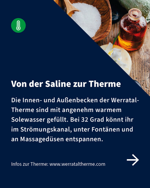 Texttafel mit Beschreibung der Solewasserbecken der Werratal-Therme in Bad Sooden-Allendorf mit Fokus auf Entspannung und Wellness.