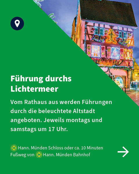 Einladung zur Stadtführung durch die beleuchtete Altstadt Hann. Mündens mit Treffpunkt am Rathaus – inklusive Informationen zur Anreise per Bus.