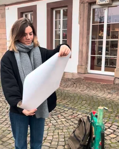 Eine junge Frau mit dunkler Jacke, grauem Schal und blauen Jeans steht auf einem gepflasterten Platz und hält ein großes, aufgerolltes Papier in den Händen. Neben ihr auf dem Boden liegen ein Rucksack und eine grüne Holzkiste mit verschiedenen Werkzeugen. Im Hintergrund ist ein historisches Gebäude mit weißen Fenstern und einem Wappen über der Tür zu sehen.