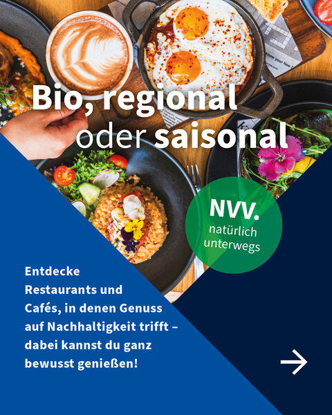 Vielfältiges Frühstück mit bunten Gerichten aus saisonalen Zutaten und Text über bewussten Genuss in nachhaltigen Restaurants und Cafés.