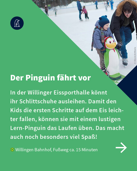 Kind mit Eislaufhilfe in Pinguin-Form auf Eisfläche, begleitet von erklärendem Text zur Schlittschuh-Ausleihe in Willingen.