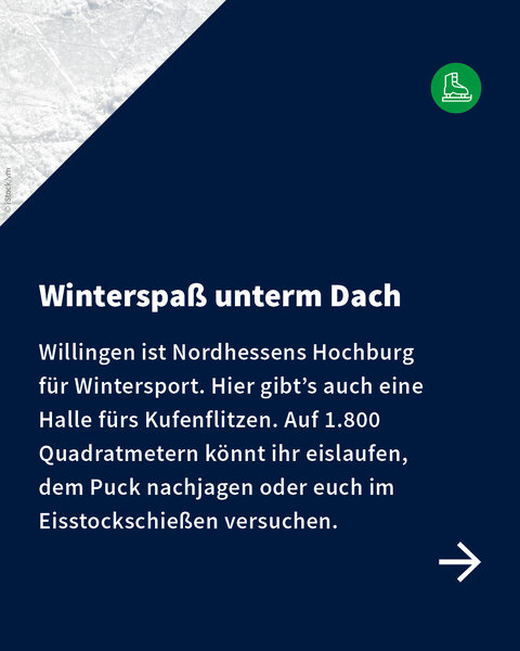 Textgrafik mit Infos zur Eislaufhalle in Willingen, Nordhessen – Wintersport unter Dach.