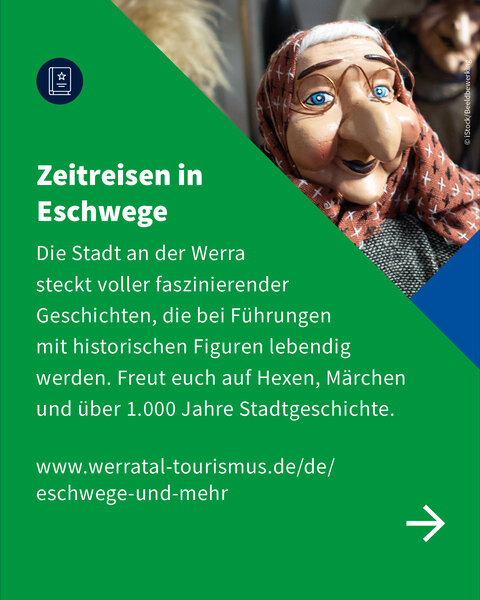 Text über Stadtführungen in Eschwege mit historischen Figuren wie Hexen und Märchencharakteren – über 1.000 Jahre Stadtgeschichte.