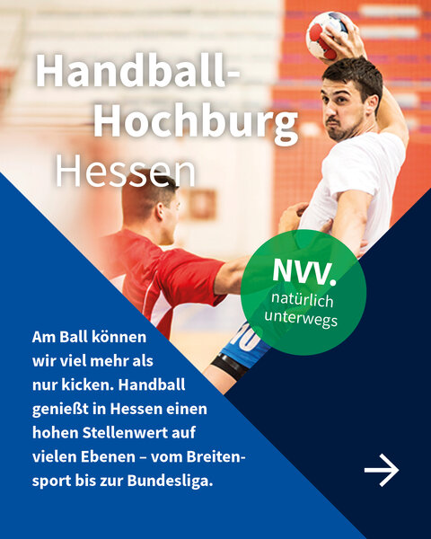 Zwei Handballspieler im Spielmoment – der Spieler in Weiß bereitet einen Wurf vor. Text über den Stellenwert von Handball in Hessen.