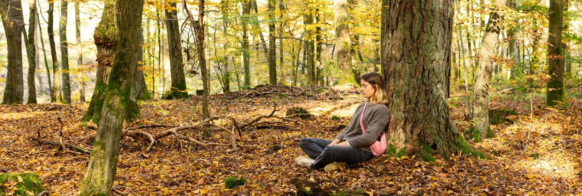 Frau sitzt entspannt mit geschlossenen Augen an einen Baum gelehnt in einem herbstlichen Wald voller gelber und brauner Blätter.