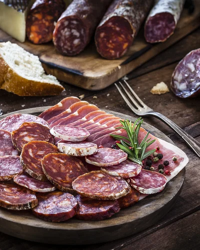 Auf einem Holzteller angerichtete Scheiben von Ahle Wurscht und luftgetrocknetem Schinken, umgeben von Brot, Oliven, Kapern und Tomaten